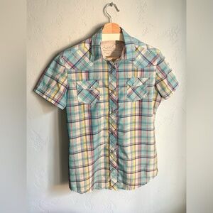 Kuhl Short Sleeve Plaid Button-Down Shirt - Teal, Yellow, Navy | Size Small